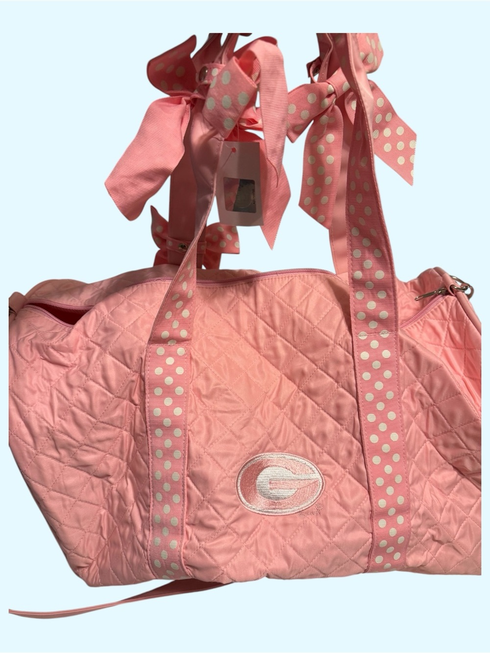 Pink Quilted Shoulder Duffel Bag with Polka Dot Straps university of Georgia